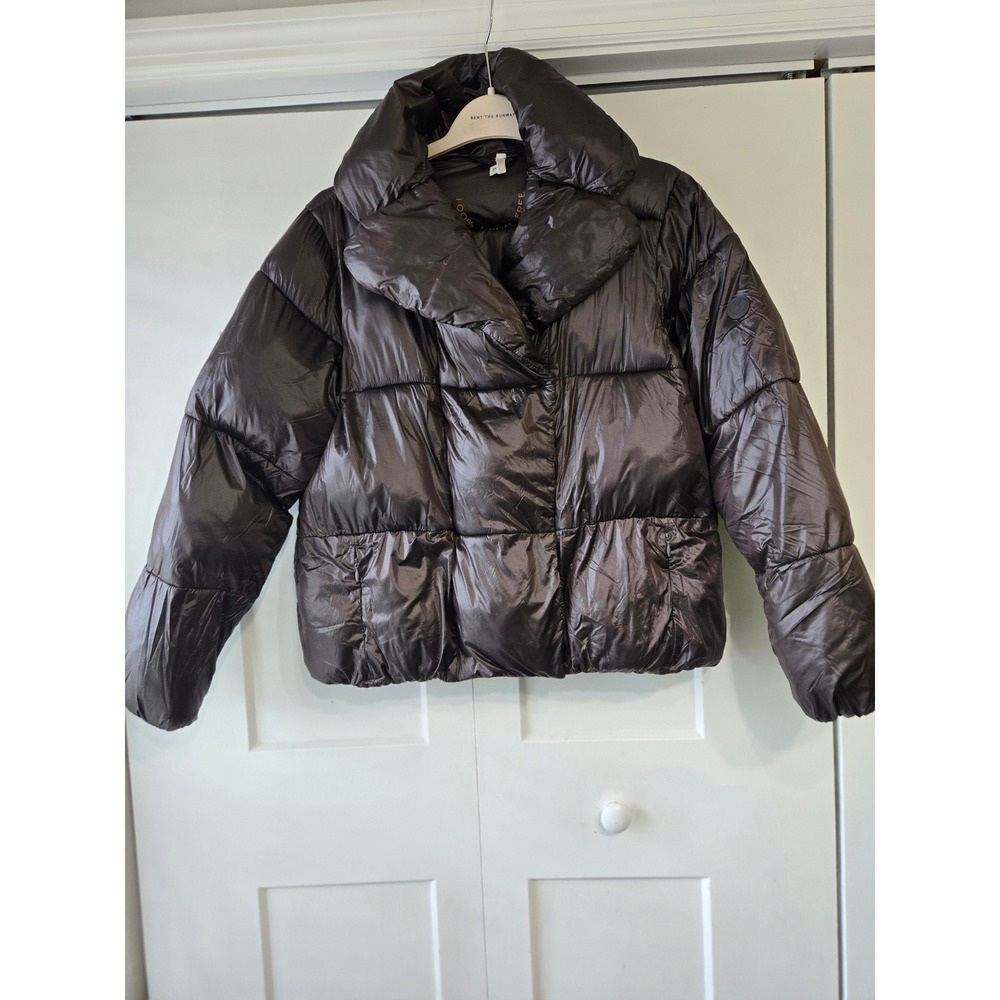 Save The Duck Ishya Black Metallic Puffer Jacket Shawl Collar L Vegan Outerwear